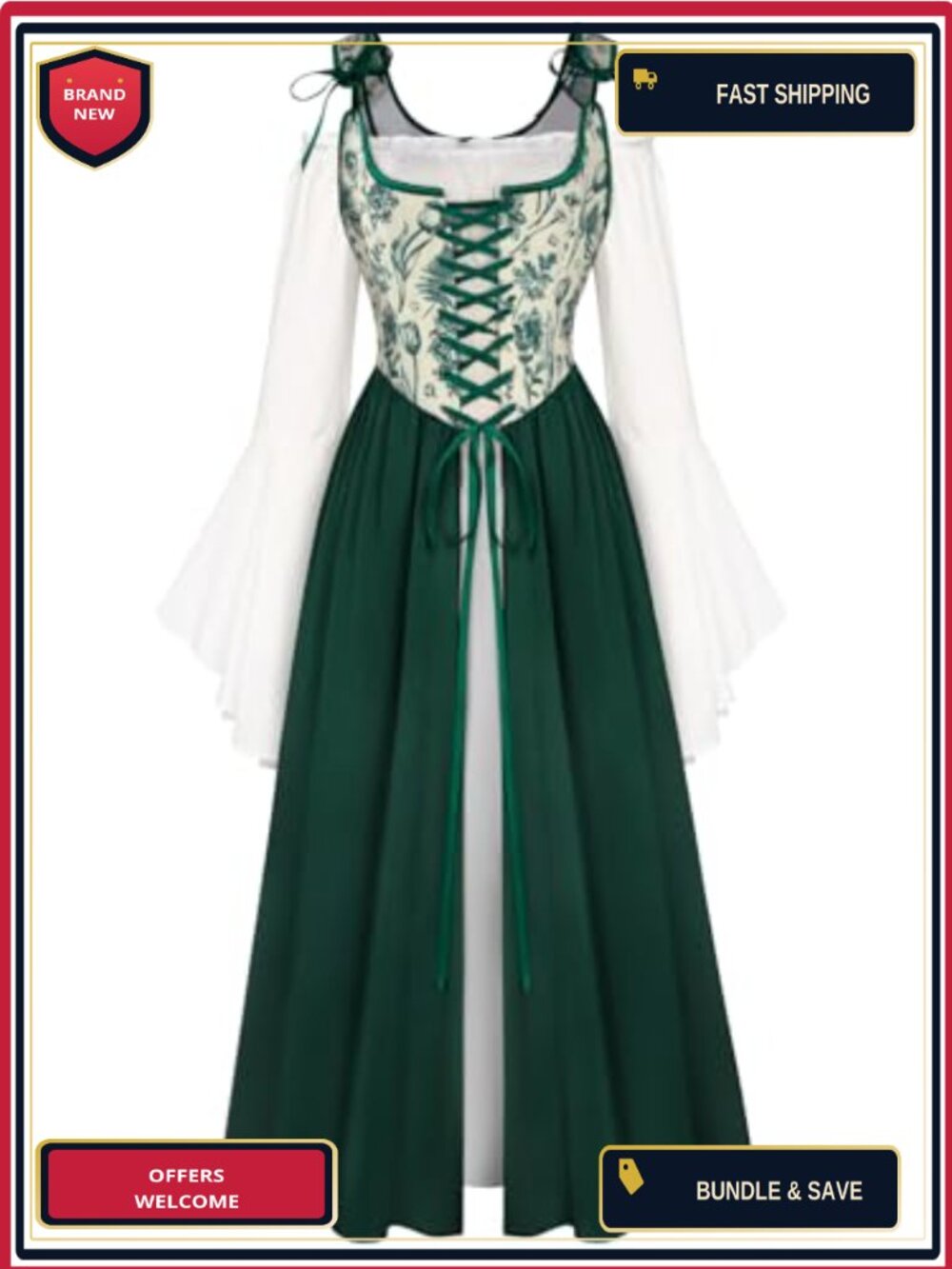Scarlet Darkness Renaissance Bell Sleeve Medieval Fairy Dress Costume